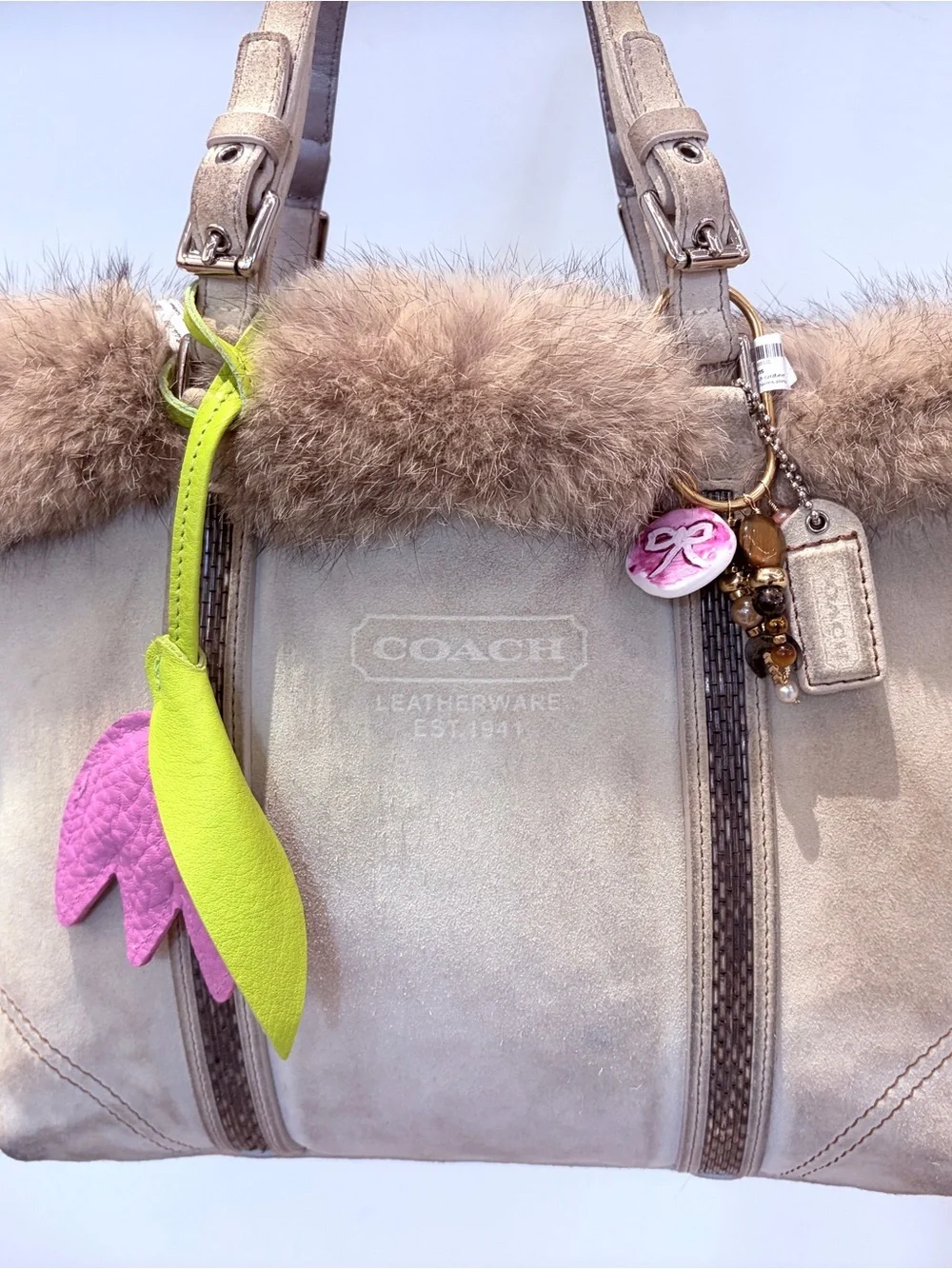 RARE Fox Fur Coach Beige Suede Fur-Trim Shoulder Bag with Pink & Lime Charm